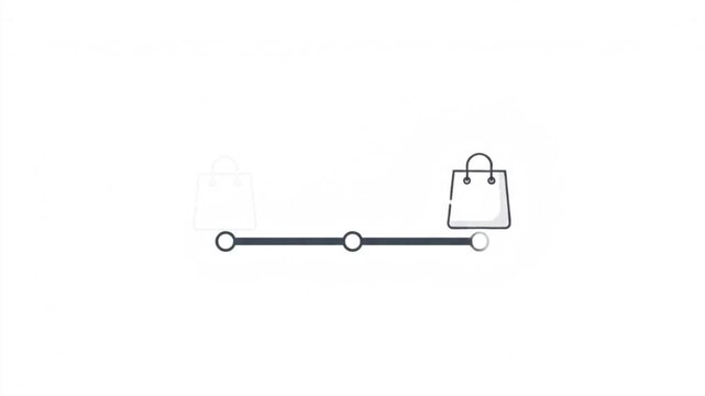 2D animation showing a simple shopping bag icon moving smoothly along a three-step progress path, small geometric sparkles appearing at each stage