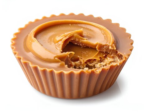 Chocolate peanut butter cup with bite mark and peanuts isolated on white background.