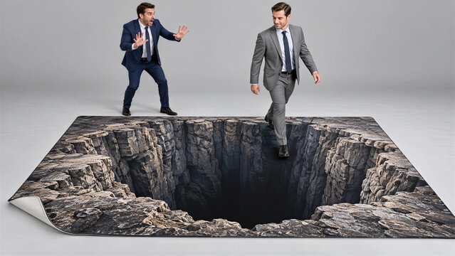 Businessmen Facing Optical Illusion Pit, Risk Taking and Fear Concept