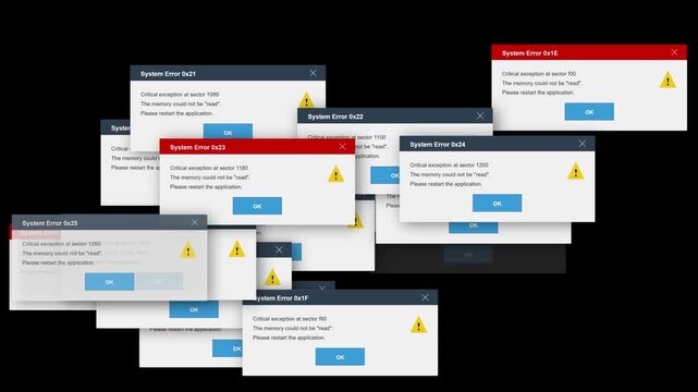 Collection of digital error messages popping up on computer screens, indicating software malfunctions and system alerts in a chaotic display