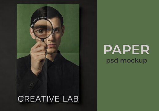 Creative Paper Poster Mockup Featuring Magnifying Glass Portrait Design PSD