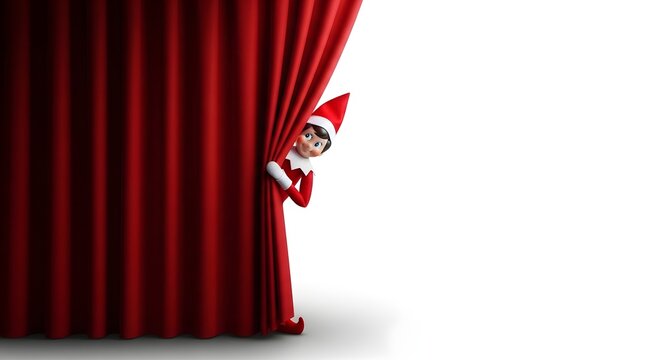 A whimsical scene unfolds as a playful elf adorned in a classic red suit and pointed hat peeks mischievously from behind a luxurious vibrant crimson