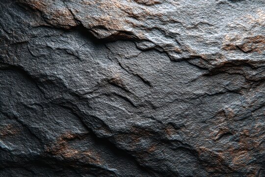 Macro close-up of dark grey natural slate stone, rough textured rock surface with organic layers and metallic glints.