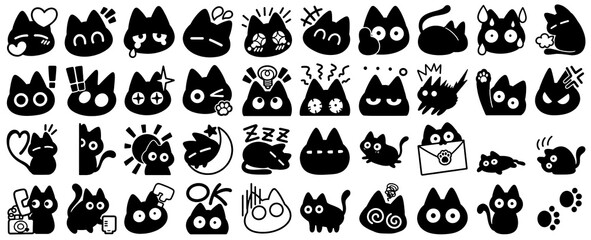 Fototapeta premium Black cat sticker set vector, cute cartoon cat expression icon, funny silhouette kitten emotion emoji collection, meow cat face character set, black cat silhouette element transparent background