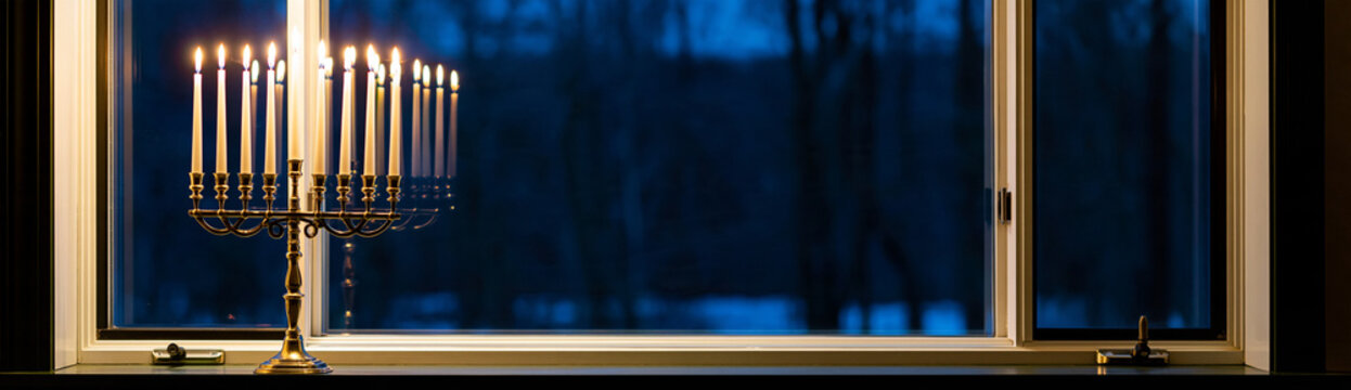 Illuminated Hanukkah menorah with nine lit candles standing on a windowsill at night, reflecting in the glass with a dark, blurred forest background outside, representing the Jewish festival of lights
