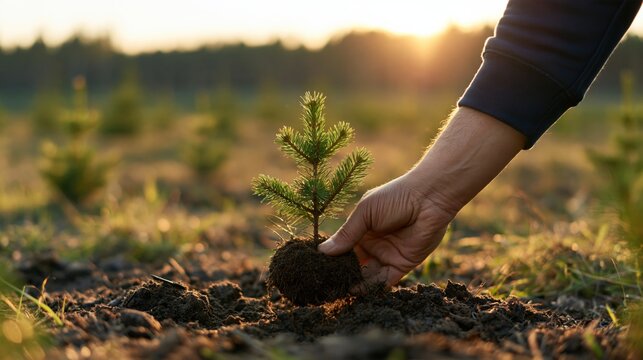 Hand planting small pine tree seedling into soil during golden hour