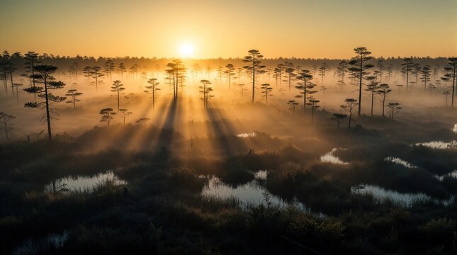 Golden sunrise over misty swamp landscape. Sun rays shine through fog in marsh wetland. Tall pine trees stand in morning mist over calm water, wild vegetation. Peaceful nature scene with orange sky,
