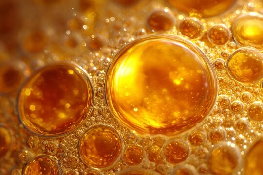 Macro close-up of golden oil bubbles in liquid, abstract background of floating amber spheres and circles with glowing highlights.