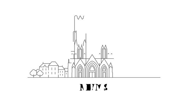Line art depicts Reims cathedral, grand and historic