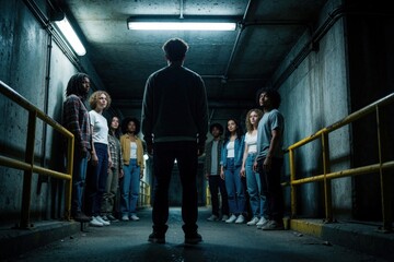 Fototapeta premium Diverse Gen Z group stands in dark concrete tunnel. Young adults look at man with worried expressions. Mental health struggle, social isolation theme. Sad people face depression, anxiety in moody