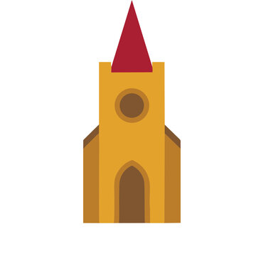 Stylized church building with red steeple