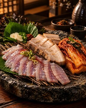 Traditional Korean samhap platter with fermented skate sashimi, boiled pork belly bossam, aged kimchi on stone plate, authentic culinary cuisine