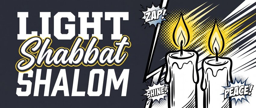 Shabbat Shalom candles pop art banner illuminating Jewish Sabbath greeting vector graphic with comic book style typography halftone dots and dynamic vintage illustration for Hebrew holiday poster