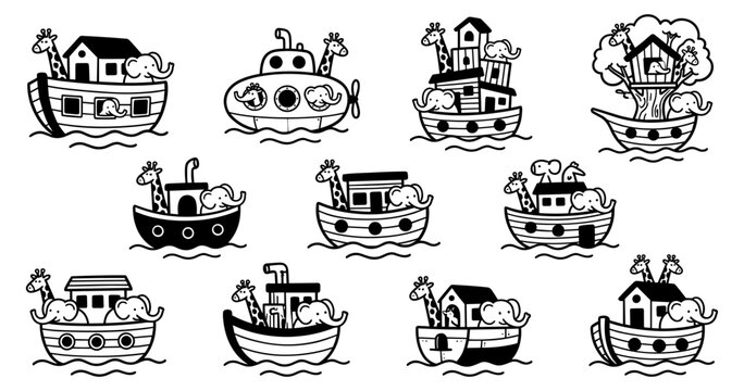 Whimsical animals sailing in Noah's ark and floating boats doodle icons set