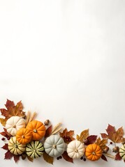 Fototapeta premium A festive thanksgiving border featuring pumpkins autumn leaves and a clean white background