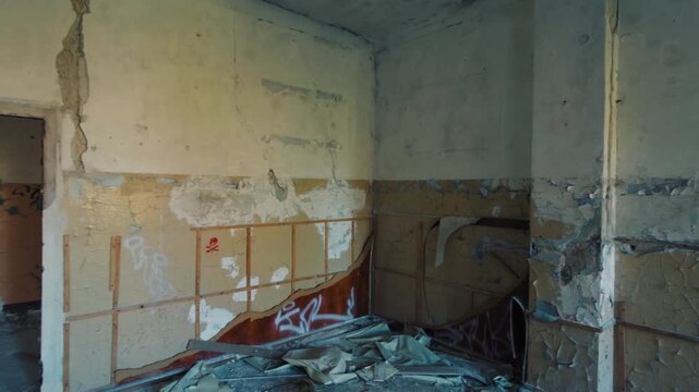 A bed in a room with peeling paint on the walls