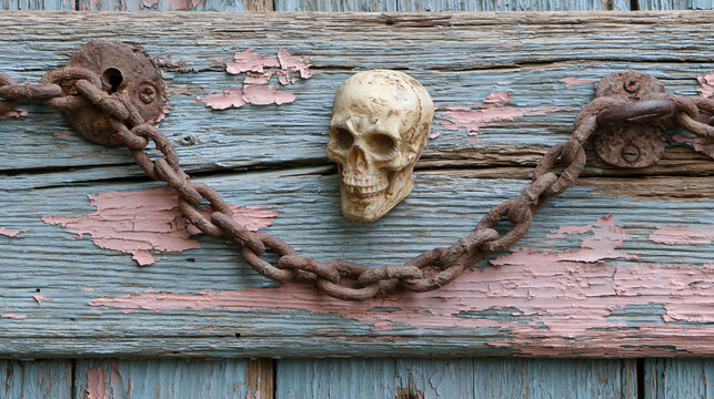 Human skull replica hanging below a heavy metal chain attached to a weathered wooden surface.