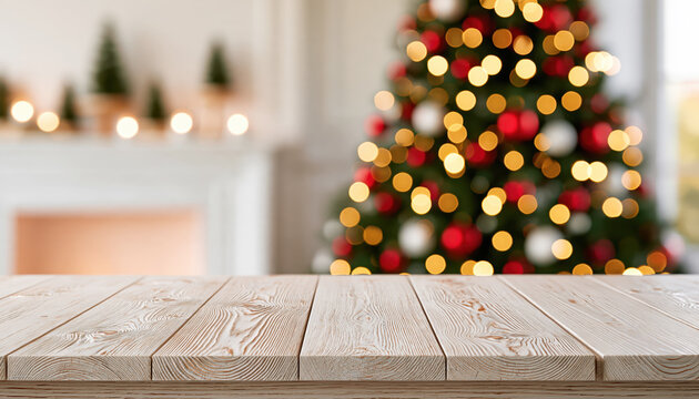 Wood table surface in living room with blurred festive christmas tree lights and fireplace background, winter holiday concept