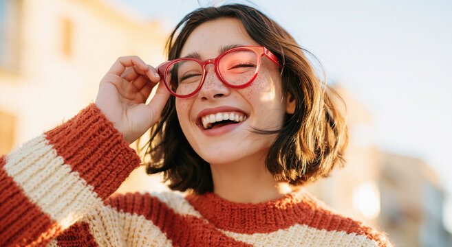 Young woman with red glasses laughing, experiencing joy and positive emotions outdoors in warm sunlight