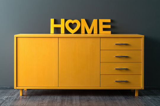 Yellow sideboard with home letters featuring a heart, decorating a modern living space, emphasizing comfort and belonging