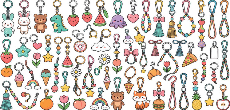 Kawaii keychain accessories mega bundle vector elements set featuring cute charms