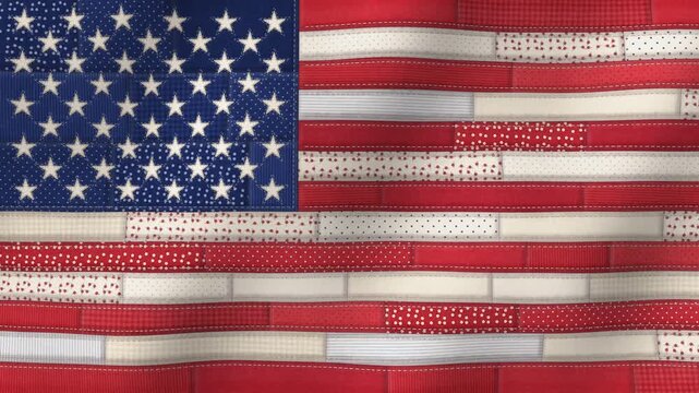 Patchwork quilt American flag waving, handmade calico fabric with stitched stars and stripes, patriotic 4th of July and Memorial Day background, seamless loop