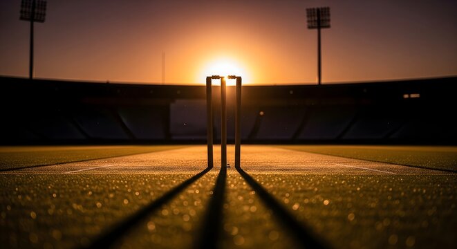 Cricket wickets standing on a pitch during sunset at an empty stadium