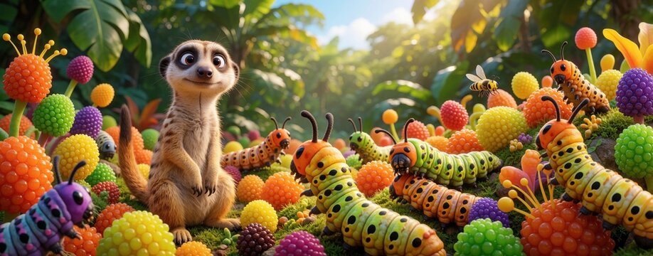 Cute cartoon meerkat stands in tropical jungle among colorful caterpillars, bright insects. Small suricate looks around jungle floor with many funny worms, glowing plants. Character lives in wild