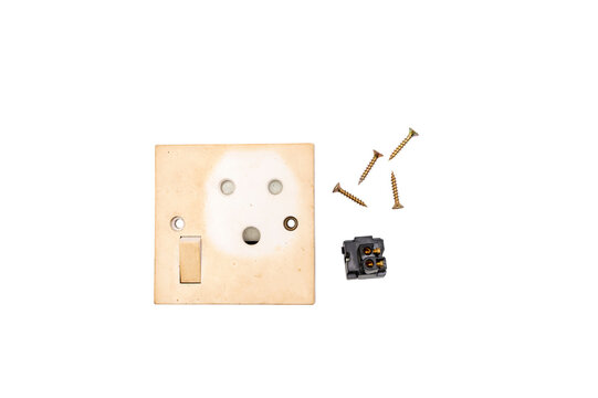Old cream electrical switch plate with a detached connector and exposed copper wires isolated on a transparent background., showing repair, replacement, and home safety concerns.