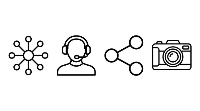 Set of four icons representing connectivity, customer service, sharing, and photography technology
