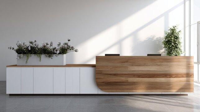 Modern Corporate Office Reception Area with Wooden Desk and Minimalist Design