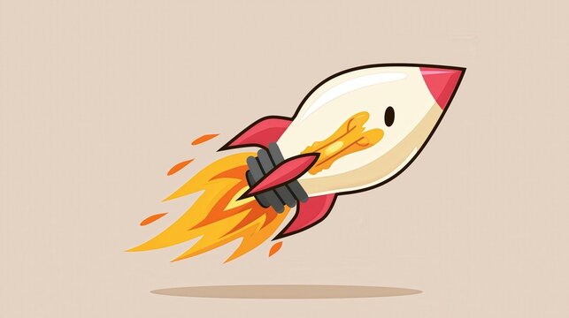 A whimsical cartoon rocket ship ascends into the air with vibrant flames trailing behind.
