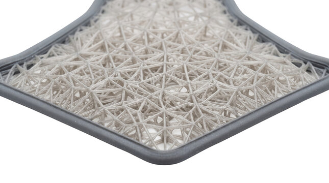 3D printed lattice structure, modern polymer mesh component, generative design additive manufacturing prototype, grey plastic web pattern isolated PNG with Transparent Background