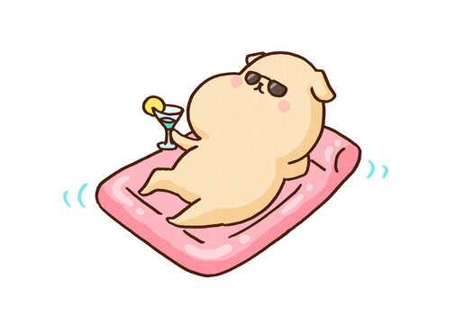 Dog wearing sunglasses lying on a pool float holding a cocktail glass, dog days idiom or summer vacation resort concept
