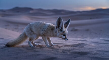 Obraz premium A fennec fox standing on the sand dunes of the Sahara desert during the quiet twilight hours