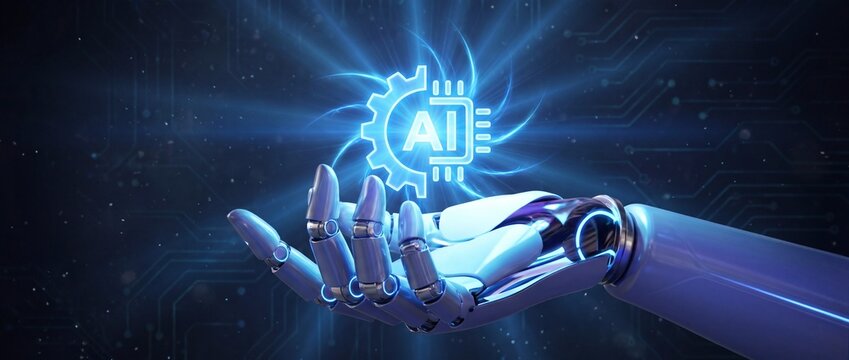 Robotic hand holding a glowing artificial intelligence gear icon