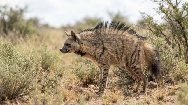 A wild aardwolf standing in the dry savanna landscape of the African wilderness at daytime