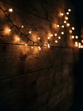 Warm string lights illuminated against a dark, rustic wooden plank wall, creating a cozy ambiance