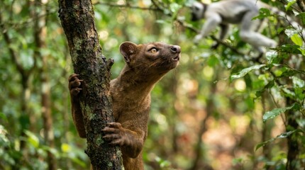 Fototapeta premium A fossa climbs a tree in the lush Madagascar rainforest with a lemur visible in the background