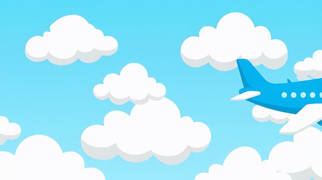 Flat Vector Illustration of a Blue Commercial Airplane Flying Through White Fluffy Clouds in a Clear Blue Sky Background
