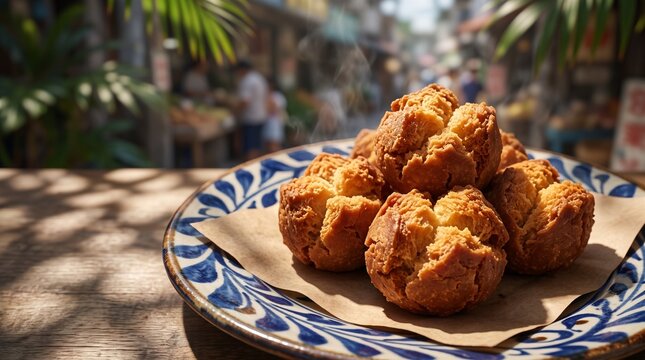 Golden brown Sata Andagi Okinawan fried donuts on plate at street market