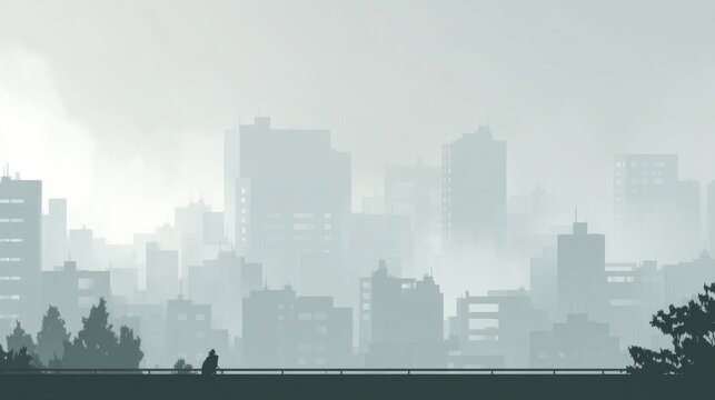 Dense smog covers city skyline silhouette with solitary figure on bridge