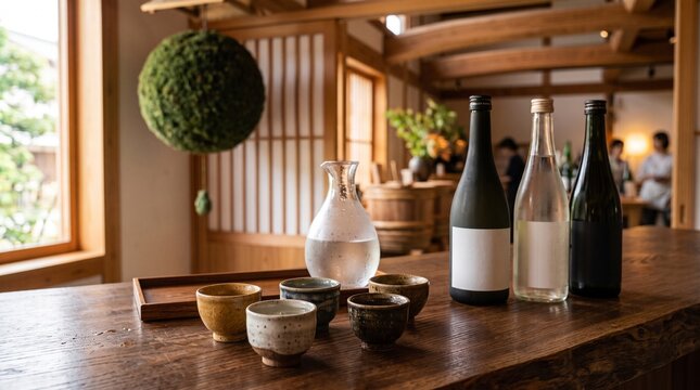 Japanese sake tasting set with ceramic choko cups and sake bottles at traditional brewery