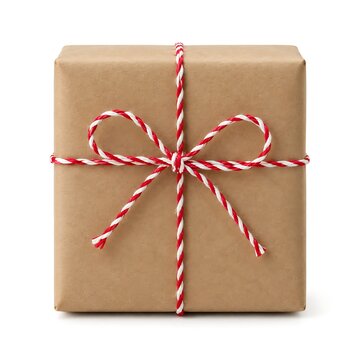 Christmas Gift Box Wrapped in Brown Craft Paper. Square Present with Red and White Twine Ribbon Bow on White Background