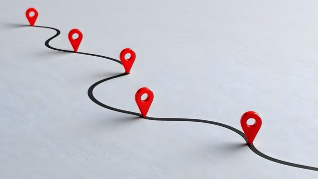 3D red location pin markers connected by a continuous line on grey background