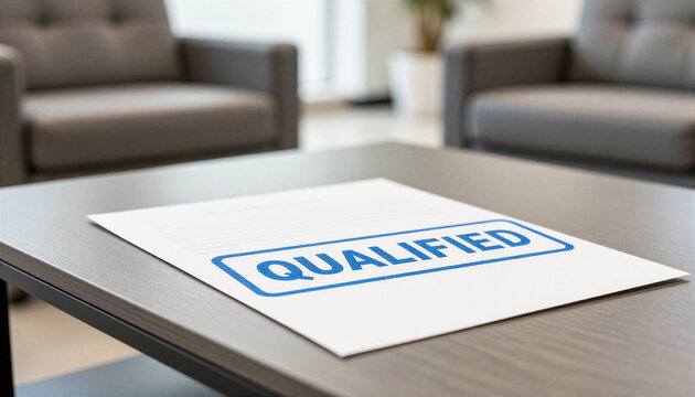 Document paper with blue qualified stamp mark on office wooden table, recruitment approval and candidate evaluation concept