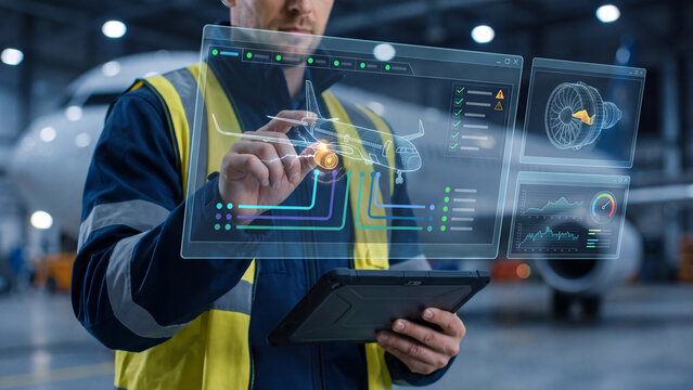 Aircraft maintenance, repair and overhaul (MRO), aerospace engineering and airport ground operations in a hangar.