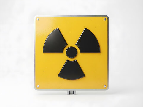 Bright yellow radioactive hazard warning sign with black trefoil symbol against plain white background