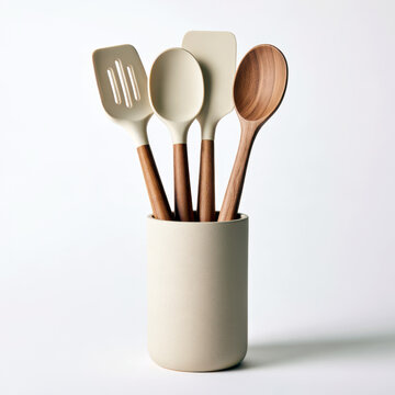 Kitchen utensils set for cooking and baking, featuring silicone and wooden handles, displayed in a minimal container