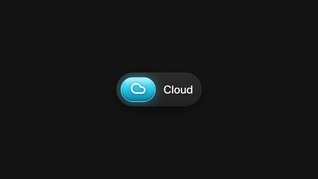 Animated cloud storage button with glowing blue icon user interface motion graphic on black background